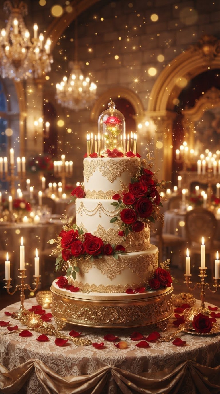 A three-tier ivory and gold birthday cake with red roses and a rose under glass, in a candlelit ballroom