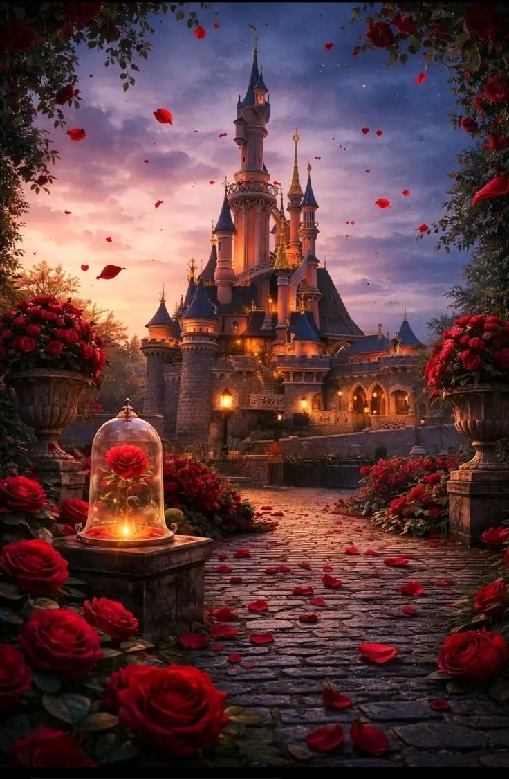 A fairytale castle at dusk, a rose glowing under glass on the petal-strewn path