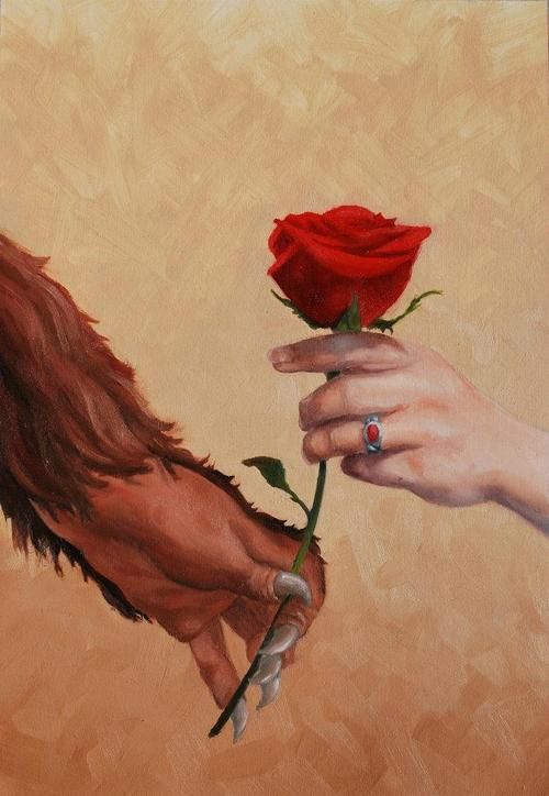 A hand offering a single red rose to a clawed hand