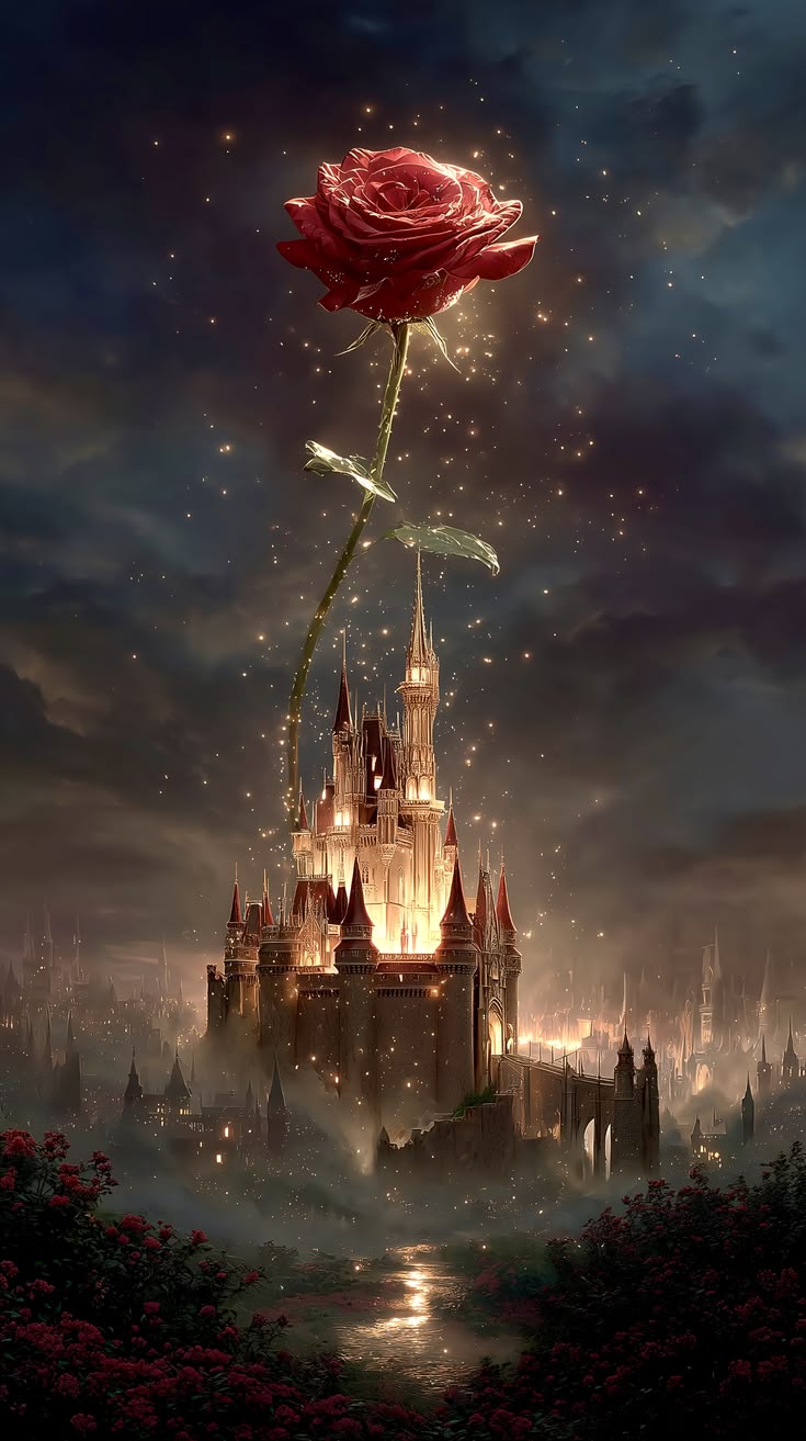 A glowing rose rising over a castle at night