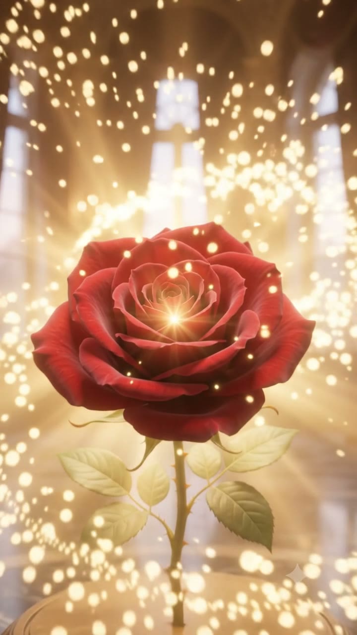The enchanted rose glowing in golden light