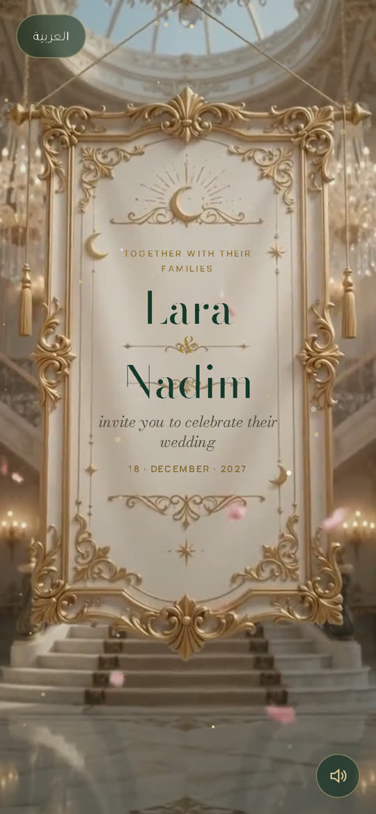 An invitation with the couple's names inside a golden frame
